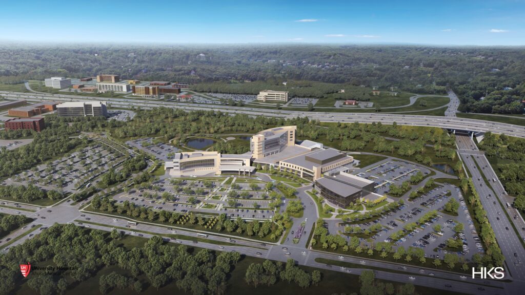 university hospitals ahuja medical center aerial view render